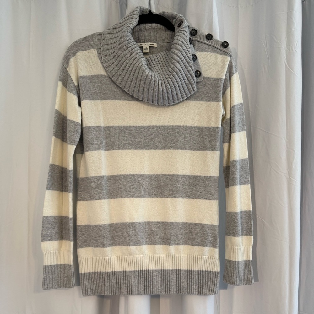 Banana Republic 100% Cotton Striped Cowl Neck Sweater Gray Cream Women’s Medium